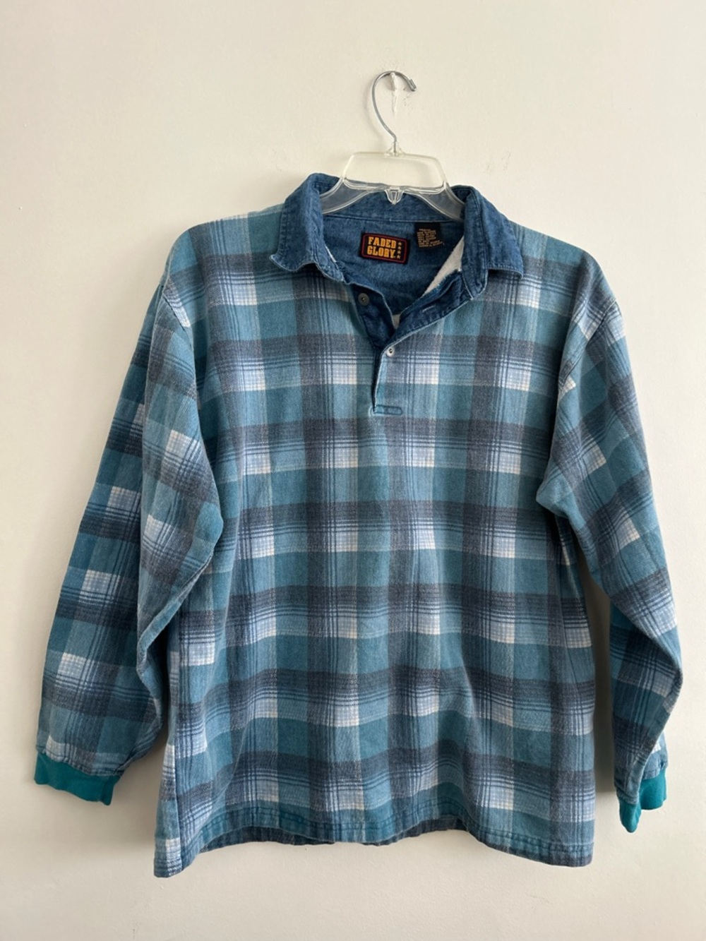 Faded Glory Men's Teal Blue Plaid Button-Down Pullover